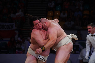 Photo of two large men sumo wrestling