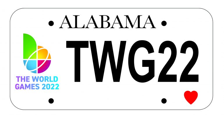 Photo of a Alabama license plate with The World Games 2022 logo on the left, TWG22 in the center and right, and an organ donor heart symbol in the lower right corner.
