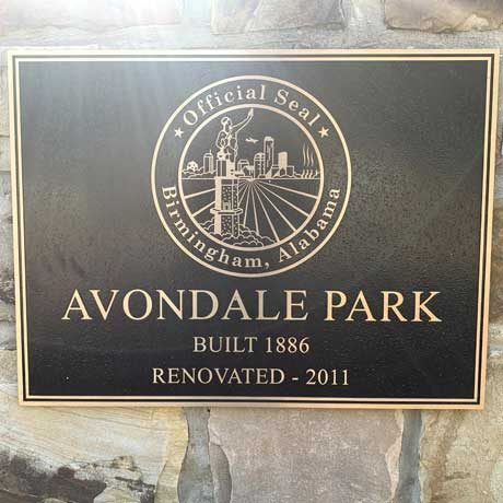 Photo of Avondale Park plaque with the seal of Birmingham. Text: built in 1886 and renovated in 2011.