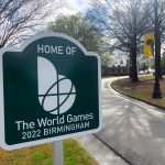 Photo of Birmingham Southern College exterior with World Games 2022 sign